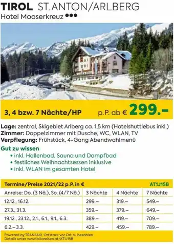 Billa Tirol St. Anton/Arlberg Hotel Mooserkreuz Angebot