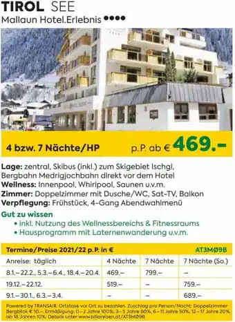 Billa Tirol SEE Mallaun Hotel. Erlebnis Angebot