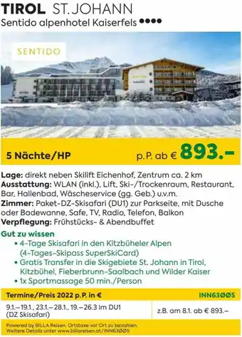 Billa Tirol St. Johann Sentido Alpenhotel Kaiserfels Angebot