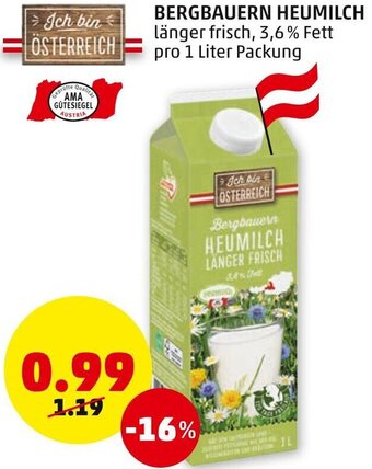 PENNY Bergbauern Heumilch 1 Liter Angebot
