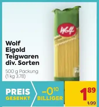Billa Wolf Eigold Teigwaren Div. Sorten 500 g Angebot