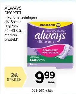 Bipa DISCREET Inkontinenzeinlagen div. Sorten Big Pack BIPA Angebot