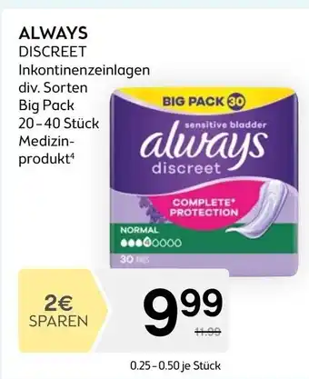 Bipa DISCREET Inkontinenzeinlagen div. Sorten Big Pack BIPA Angebot