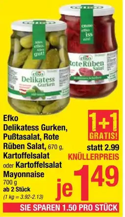 Maximarkt Efko Delikatess Gurken, Puẞtasalat, Rote Rüben Salat, 670 g, Kartoffelsalat oder Kartoffelsalat Mayonnaise 700 g ab 2 Stück Angebot