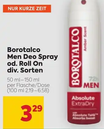 Billa Borotalco Men Deo Spray Od. Roll on 50 ml-150 ml Angebot
