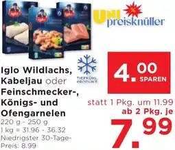 Unimarkt Wildlachs, Kabeljau oder Feinschmecker-, Königs- und Ofengarnelen Angebot