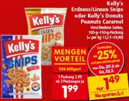 Interspar Erdnuss/Linsen Snips oder Kelly's Donuts Peanuts Caramel Angebot