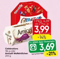 Spar Celebrations 186 g oder Amicelli Waffelröllchen 200 g Angebot