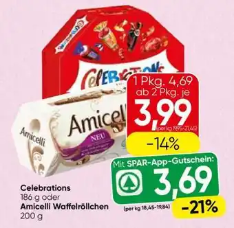 Spar Celebrations 186 g oder Amicelli Waffelröllchen 200 g Angebot