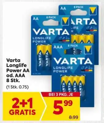 Billa Varta Longlife Power AA od. AAA 8 Stk Angebot