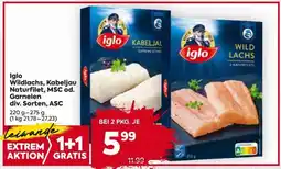 Billa Iglo Wildlachs, Kabeljau Naturfilet, MSC od. Garnelen div. Sorten, ASC Angebot