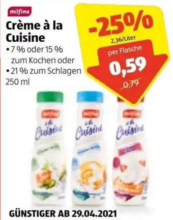 Hofer Milfina Crème A la Cuisine 250 ml Angebot