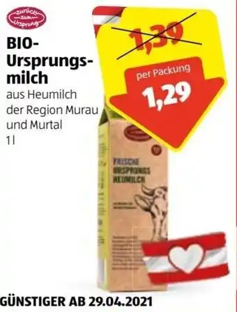 Hofer Bio Ursprungs Milch 1L Angebot