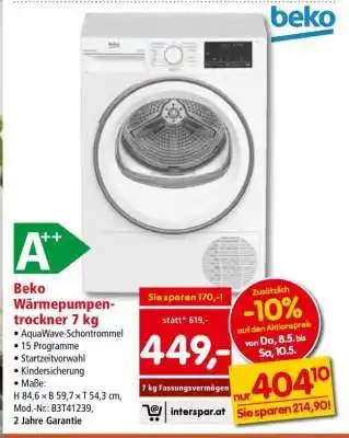 Interspar Beko Wärmepumpentrockner 7 kg Angebot