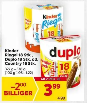 Billa Kinder Riegel 18 Stk., Duplo 18 Stk. od. Country 16 Stk Angebot