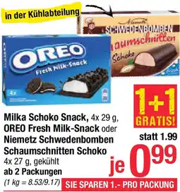 Maximarkt Milka Schoko Snack, OREO Fresh Milk-Snack oder Niemetz Schwedenbomben Schaumschnitten Schoko Angebot