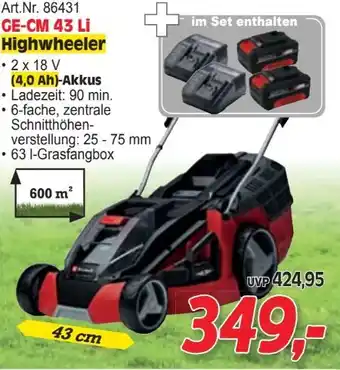 Zgonc Einhell Akku-Rasenmäher Set GE-CM 43 Li Highwheeler Angebot
