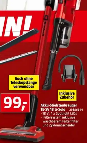 Bauhaus Einhell Akku-Stielstaubsauger TE-SV 18 Li Solo Angebot