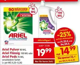 Interspar Ariel Pulver 90 WG, Ariel Flüssig 100 WG oder Ariel Pods 76 WG Angebot