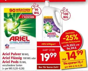 Interspar Ariel Pulver 90 WG, Ariel Flüssig 100 WG oder Ariel Pods 76 WG Angebot