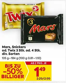 Billa Mars, Snickers od. Twix 3 Stk. od. 4 Stk. Angebot