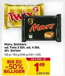 Billa Mars, Snickers od. Twix 3 Stk. od. 4 Stk. div. Sorten Angebot