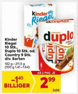 Billa Kinder Riegel 10 Stk., Duplo 10 Stk. od. Country 9 Stk. div. Sorten Angebot