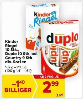Billa Kinder Riegel 10 Stk., Duplo 10 Stk. od. Country 9 Stk. div. Sorten Angebot