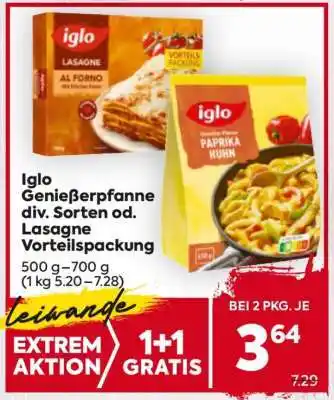Billa Iglo Genießerpfanne div. Sorten od. Lasagne Vorteilspackung Angebot