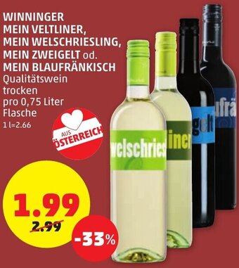 PENNY Winninger Mein Veltliner, Mein Welschriesling, Mein Zweigelt Od. Mein Blaufränkisch 0,75 Liter Angebot
