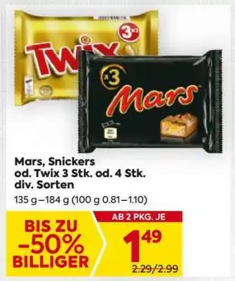 Billa Mars, Snickers od. Twix 3 Stk. od. 4 Stk. div. Sorten Angebot