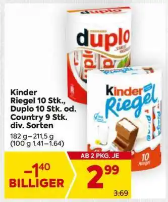 Billa Kinder Riegel 10 Stk., Duplo 10 Stk. od. Country 9 Stk. div. Sorten Angebot