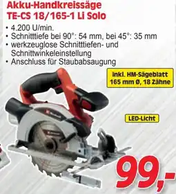 Zgonc Akku-Handkreissäge TE-CS 18/165-1 Li Solo Angebot