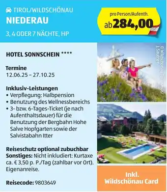 Hofer Niederau Hotel sonnschein Angebot