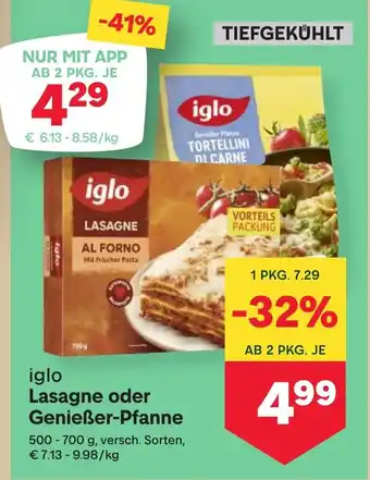 MPreis Iglo Lasagne oder Genießer-Pfanne Angebot