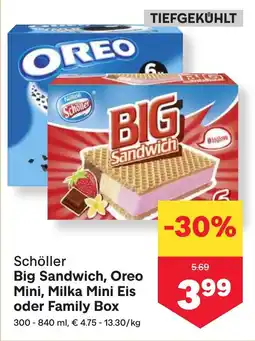 MPreis Schöller Big Sandwich, Oreo Mini, Milka Mini Eis oder Family Box Angebot