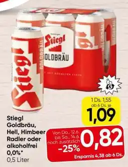 Spar Stiegl Goldbräu, Hell, Himbeer Radler oder alkoholfrei 0,0% Angebot