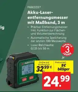 Lidl PARKSIDE Akku-Laser-Entfernungsmesser mit Maßband, 3 m Angebot