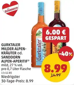 PENNY Gurktaler milder alpen- kräuter od. sanddorn alpen-aperitif Angebot