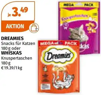 Müller Dreamies snacks für katzen oder whiskas knuspertaschen Angebot