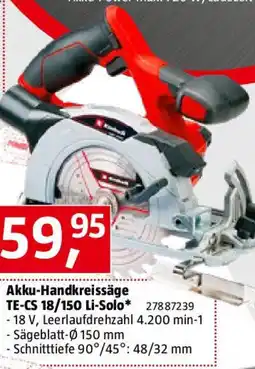 Bauhaus Einhell Power X-Change 18V Akku-Handkreissäge TE-CS 18/150 Li Solo Angebot