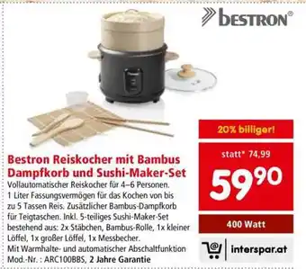 Interspar Bestron Reiskocher mit Bambus Dampfkorb und Sushi-Maker-Set Angebot