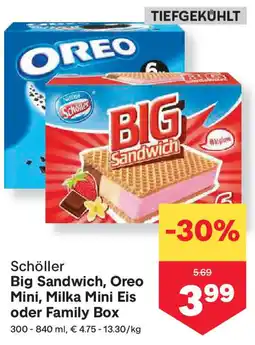 MPreis Schöller Big Sandwich, Oreo Mini, Milka Mini Eis oder Family Box Angebot