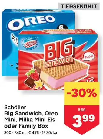 MPreis Schöller Big Sandwich, Oreo Mini, Milka Mini Eis oder Family Box Angebot