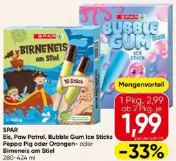 Spar SPAR Eis, Paw Patrol, Bubble Gum Ice Sticks Peppa Pig oder Orangen- oder Birneneis am Stiel Angebot