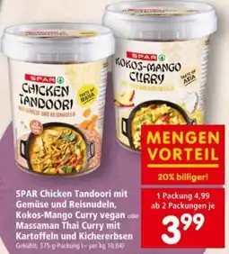 Interspar SPAR Chicken Tandoori mit Gemüse und Reisnudeln, Kokos-Mango Curry vegan oder Massaman Thai Curry mit Kartoffeln Angebot