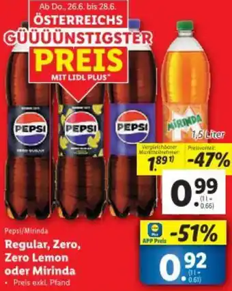 Lidl Pepsi/Mirinda Regular, Zero, Zero Lemon oder Mirinda Angebot