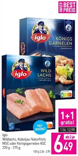 Sutterlüty Iglo Wildlachs, Kabeljau Naturfilets MSC oder Königsgarnelen ASC Angebot