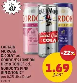 PENNY Captain morgan & cola od. Gordon's london dry & tonic od. Gordon's pink gin & tonic Angebot