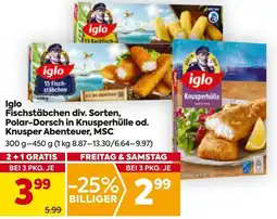 Billa Iglo Fischstäbchen, Polar-Dorsch in Knusperhülle od. Knusper Abenteuer, MSC Angebot